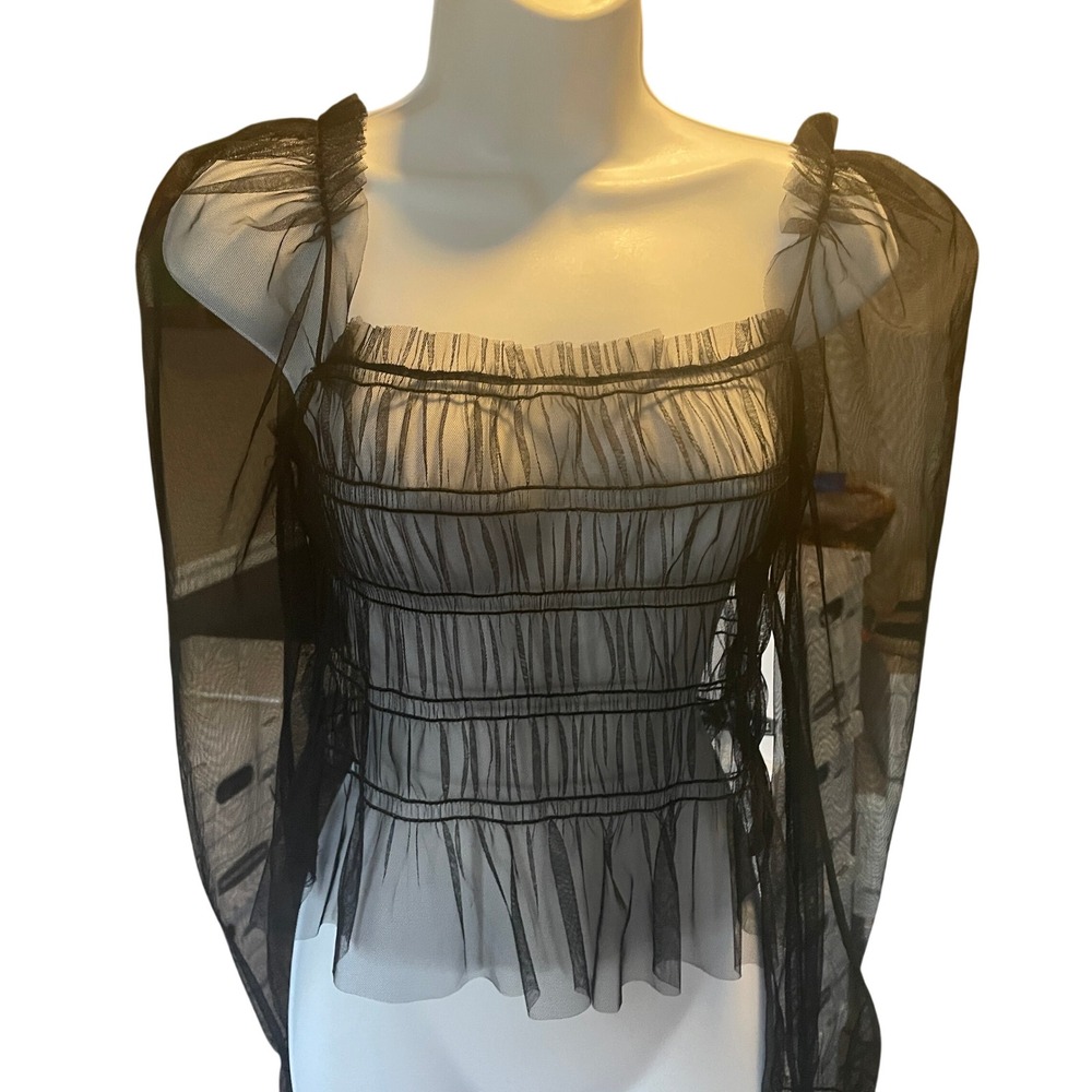 Womens Y2K Whimsigoth Black Sheer Tulle Mesh Puff Sleeve Romantic Top Size Small